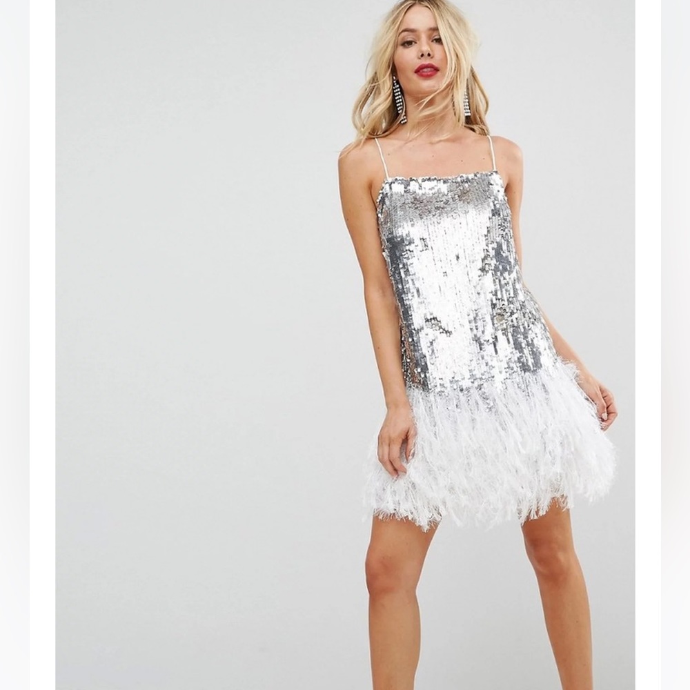 ASOS Silver Sequin Mini Dress with White Feather Hem